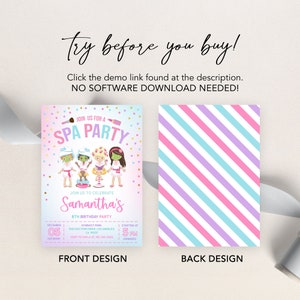 May include: A pink and blue invitation with a spa party theme. It features a cartoon image of four girls wearing spa robes and face masks. The text reads "Join us for a Spa Party" and "Samantha's 8th Birthday Party".