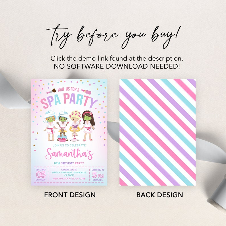 May include: A pink and blue invitation with a spa party theme. It features a cartoon image of four girls wearing spa robes and face masks. The text reads "Join us for a Spa Party" and "Samantha's 8th Birthday Party".