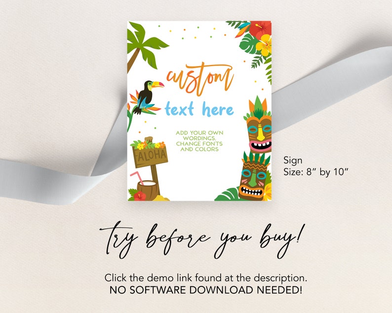 May include: A customizable sign with a tropical theme. The sign features a toucan, a tiki mask, and a sign that says "Aloha". The text on the sign reads "custom text here". The sign is 8 inches by 10 inches.
