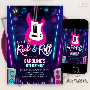 Rock Star Birthday Invitation, Editable Music Party Template, Rainbow Glow Neon Invite, Lets Rock and Roll Guitar, Tween Girl Popstar, KP175