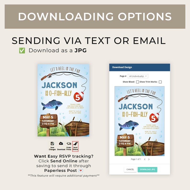 May include: A printable invitation for a 5th birthday party with a fishing theme. The invitation features a cartoon fish, a fishing rod, and a wooden boat. The text on the invitation reads "Let's Reel in the Fun" and "Jackson is O-Fish-Ally 5". The invitation also includes the date and time of the party, as well as the location. The invitation is available for download as a JPG.