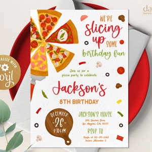 Pizza Party Birthday Invitation, Editable Snack Party Invite Template, Printable Unisex Kids Birthday, Food Trip, Instant Download KP145