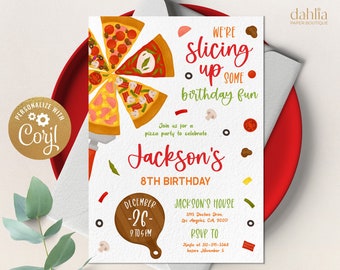 Pizza Party Birthday Invitation, Editable Snack Party Invite Template, Printable Unisex Kids Birthday, Food Trip, Instant Download KP145