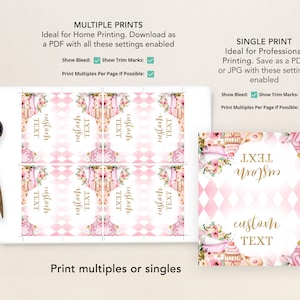 Puede incluir: Descarga digital imprimible para un evento con tem&aacute;tica de fiesta del t&eacute;. El dise&ntilde;o presenta un fondo a cuadros rosa y blanco con una taza de t&eacute;, una tetera y detalles florales. El texto "texto personalizado" se muestra en letras doradas. La imagen muestra m&uacute;ltiples opciones de impresi&oacute;n, incluyendo impresiones individuales y m&uacute;ltiples por p&aacute;gina.