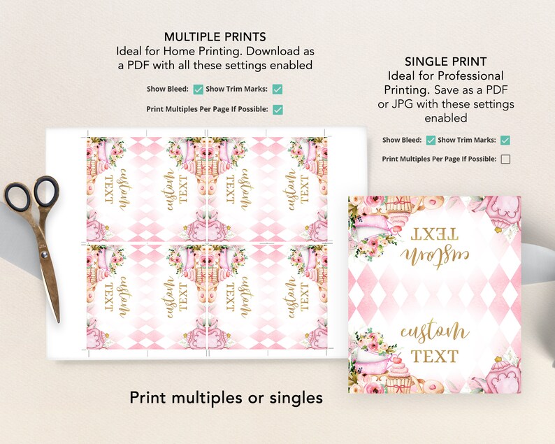 Puede incluir: Descarga digital imprimible para un evento con tem&aacute;tica de fiesta del t&eacute;. El dise&ntilde;o presenta un fondo a cuadros rosa y blanco con una taza de t&eacute;, una tetera y detalles florales. El texto "texto personalizado" se muestra en letras doradas. La imagen muestra m&uacute;ltiples opciones de impresi&oacute;n, incluyendo impresiones individuales y m&uacute;ltiples por p&aacute;gina.