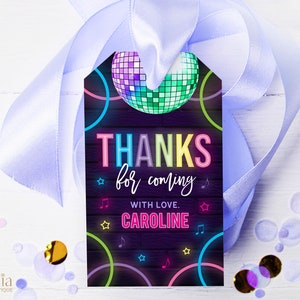 Grazie per essere venuto Etichetta regalo, Bomboniera modificabile per la festa di ballo per bambini, Modello Glow Neon, Etichetta compleanno ragazza danzante Tween, Download istantaneo KP067