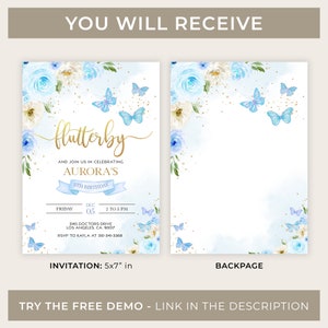 May include: A blue and white floral invitation with gold butterflies and the text "flutterby" and "Aurora's 4th Birthday". The invitation is 5x7 inches.