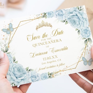 Quinceaňera Save the Date Karte, Baby Blau und Gold Quitte Printable, Schmetterling Mis Quitte 15 Anos, Mädchen 15 Geburtstag, Sweet 16 Evite, Q093