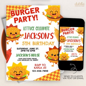 Op de afbeelding: Een printbare uitnodiging voor een 5e verjaardagsfeest met een hamburgerthema. De uitnodiging toont een cartoonhamburger met een glimlachend gezicht en de tekst "Lettuce Celebrate Jackson's 5th Birthday". De uitnodiging bevat ook de datum, tijd en locatie van het feest.