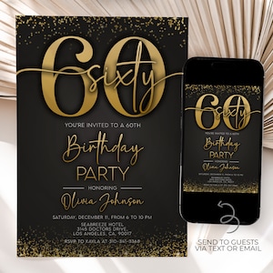 Black and Gold Birthday Invitation, Editable 60th Confetti Birthday Invite, Adult Birthday Invite Any Age, Printable Digital Download, AP011