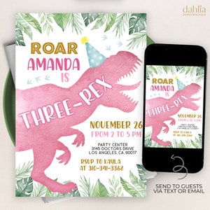 Faire-part d'anniversaire dinosaure, invitation de fête dinosaure trois Rex MODIFIABLE, 3e anniversaire de fille, invitation du Jurassique rose, téléchargement immédiat KP250