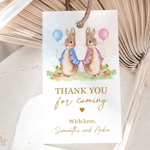 Peter Rabbit Geschenkanhänger, EDITIERBAR Danke für das Kommen Favor Tag, Flopsy Blue & Pink Rustic Bunny Label, 1. Geburtstag, Zwillinge, kombinierte Party