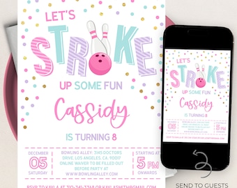Bowling verjaardagsuitnodiging, bewerkbare sjabloon uitnodiging meisjesfeest, laten we een paar leuke kinderen aanspreken, roze bowlingfeest, instant download KP111