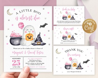 May include: A Halloween-themed baby shower invitation set. The main card features a ghost with a pumpkin, text saying "A Little Boo is Almost Due." Other cards include "Books for Baby," "Diaper Raffle," and a thank you card, all with matching illustrations.