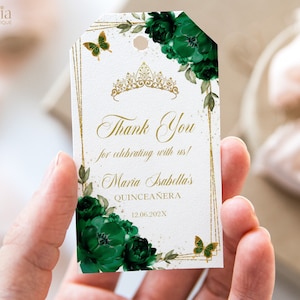 Smaragd Quinceañora Danke Geschenkanhänger, bearbeitbarer grüner und goldener Quitte Geschenkanhänger, Mis Quince Anos, 15. Geburtstagsparty, Instant Download Q012