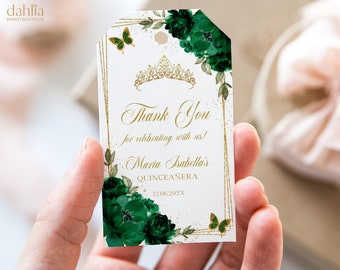 Emerald Quinceañera Thank You Gift Tag, Editable Green and Gold Quince Gift Tag, Mis Quince Anos, 15th Birthday Party, Instant Download Q012