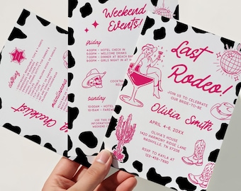 Modello di invito e itinerario per l'addio al nubilato "Ultimo Rodeo", invito per il weekend dell'addio al nubilato a Nashville, addio al nubilato con stile "Pin Disco Cowgirl", BC046