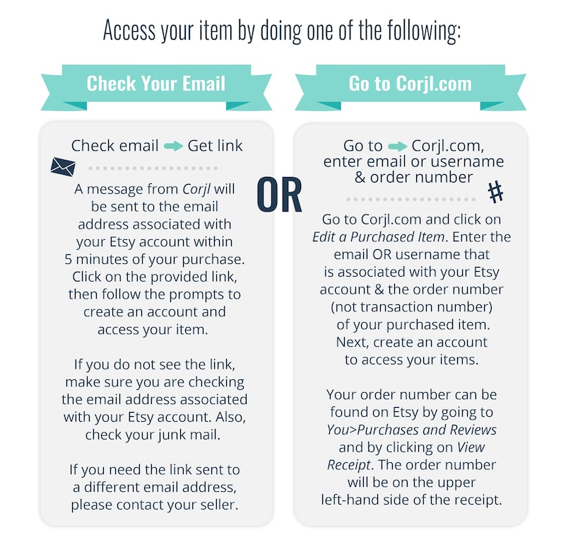 Puede incluir: Un gr&aacute;fico de color verde azulado y blanco con instrucciones sobre c&oacute;mo acceder a tu art&iacute;culo despu&eacute;s de comprarlo en Etsy. El gr&aacute;fico muestra dos opciones: revisa tu correo electr&oacute;nico para obtener un enlace o ve a Corjl.com e ingresa tu n&uacute;mero de pedido y nombre de usuario.