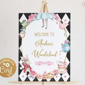 Alice in Wonderland First Birthday Welcome Sign, EDITABLE Whimsical Mad Tea Party Decor Template, Onederland Girl, Instant Download KP073