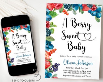 Berry Sweet Baby Shower Invitation, EDITABLE Strawberry Baby Shower Party Invite, Blueberry Baby Sprinkle Template, Instant Download, BS510