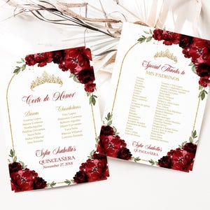 Arco Vermelho e Dourado Borgonha Lista Quinceañera Mis Padrinos, Modelo EDITÁVEL Tiara Rose 15º aniversário, Mis Quince Anos, Download instantâneo Q025