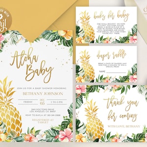 May include: A tropical-themed baby shower invitation with a gold pineapple design and the text "Aloha Baby". The invitation includes details for the event, including the date, time, and location. It also includes a request for guests to bring a book for the baby and a diaper raffle.