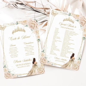 Champagne crème en goud Quinceañera Mis Padrinos-lijst, BEWERKBARE Corte de Honor-sjabloon, Mis Quince Anos 15e verjaardag, eenvoudige download, Q044