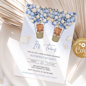Boho Hot Air Balloon Twin Baby Shower Invitation Template, EDITABLE Bear Boys Baby Sprinkle Invite, Up, Up and Away, Instant Download BS119