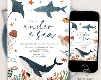 Under The Sea Birthday Invitation, Editable Whale Shark Party Invite, Nautical Any Age Kids Template, Sea Life Card, Instant Download KP198