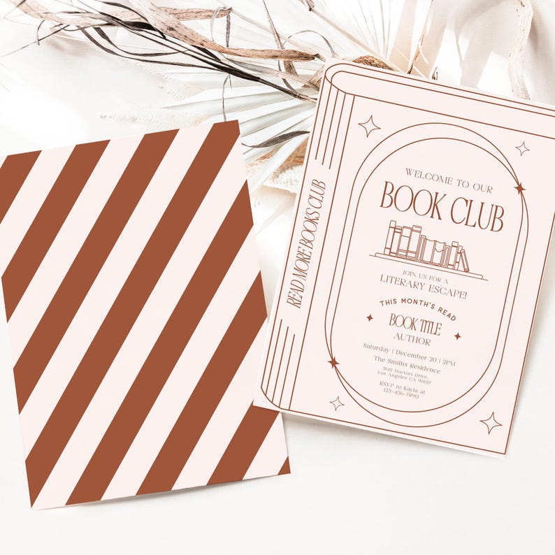 May include: A book club invitation with a light pink background and a book illustration. The invitation includes the text "Welcome to our Book Club" and "Join us for a Literary Escape!" A matching envelope with brown and white stripes is also visible.