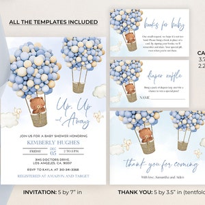 May include: A set of printable baby shower templates featuring a cute cartoon bear in a hot air balloon made of blue and cream balloons. The templates include an invitation, thank you card, book request card, and diaper raffle card. The invitation is 5 by 7 inches, the thank you card is 5 by 3.5 inches, and the cards are 3.75 by 2.25 inches.