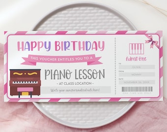 Piano Lessons Gift Certificate, Editable Birthday Surprise Template, Customizable Music Lessons Gift Coupon, Printable Vouchers For Her
