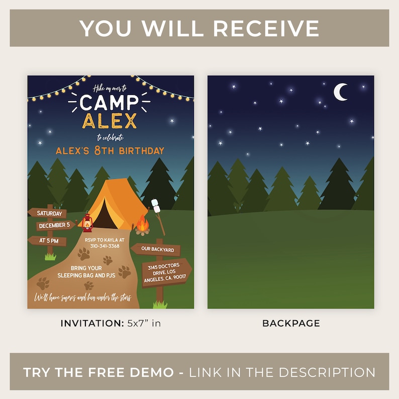 May include: A camping-themed birthday party invitation featuring a tent, campfire, and stars. The invitation is for Alex's 8th birthday and includes the date, time, and location of the party. The back of the invitation shows a night sky with stars and a crescent moon.