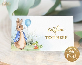 Peter Rabbit Food Labels Template, Flopsy Bunny Place Card, Blue Boy Rustic Bunny Tent Card, Boy Birthday Decor, Instant Download, KP059