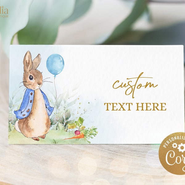 Peter Rabbit Food Labels Template, Flopsy Bunny Place Card, Blue Boy Rustic Bunny Tent Card, Boy Birthday Decor, Instant Download, KP059