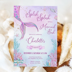 May include: A purple and blue mermaid tail with gold glitter and seashells. The text reads "Splish Splash It's a Mermaid Bash" and "Join us to celebrate Charlotte's 5th Birthday". The invitation also includes the date, time, address, and RSVP information.