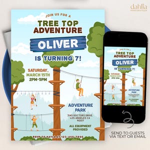 Tree Top Adventure Birthday Invitation, EDITABLE Outdoor Park Party Template, Zip Line Jungle Fun Any Age Boy Invite, Instant Download KP485