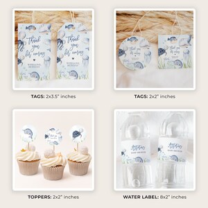 May include: A set of printable party decorations for a baby shower. The set includes tags, toppers, and a water bottle label. The decorations feature a blue and white color scheme with a narwhal, turtle, and jellyfish design. The text on the tags reads "Thank you for coming" and "With love, Bethany". The toppers feature a narwhal, turtle, and jellyfish design. The water bottle label features a narwhal, turtle, and jellyfish design and the text "Astorias Baby Shower".