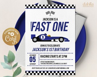 Fast One First Birthday Invitation Template, Editable Race Car Party Invitation, Boy Blue Racing Car Invite, Instant Digital Download KP055