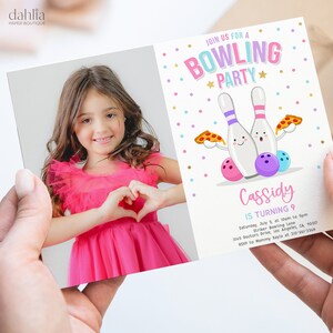 May include: A pink and white birthday invitation with a photo of a girl in a pink dress. The invitation says "Join us for a Bowling Party" and features a cartoon image of two bowling pins holding pizza slices. The text says "Cassidy is turning 9" and includes the date, time, and location of the party.