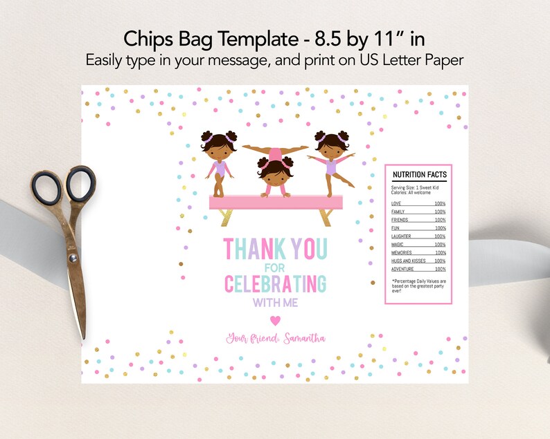 Gymnastics Chip Bag Label Template, Editable Chips Wrapper, Party Favor, Brown Skin, Girl Gymnasts Birthday Party, Instant Download, KP035 image 3