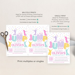 Puede incluir: Invitaci&oacute;n de cumplea&ntilde;os colorida con el texto "Let's Jump & Play". La invitaci&oacute;n incluye la fecha, la hora y la informaci&oacute;n de RSVP. El dise&ntilde;o presenta figuras saltando y confeti.