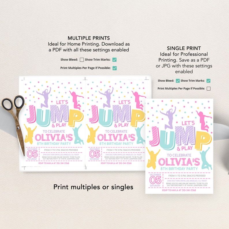 Puede incluir: Invitaci&oacute;n de cumplea&ntilde;os colorida con el texto "Let's Jump & Play". La invitaci&oacute;n incluye la fecha, la hora y la informaci&oacute;n de RSVP. El dise&ntilde;o presenta figuras saltando y confeti.