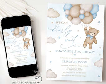Teddy Bear Baby Shower Invitation, EDITABLE Sky Blue Balloon Clouds Baby Sprinkle, Baby Boy Party Template, We Can Bearly Wait Card, BS194