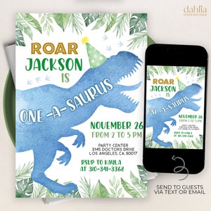 Dinosaur First Birthday Invitation, EDITABLE One-A-Saurus Party Invite, Boy 1st Birthday, Blue Jurassic Invite, Instant Download, KP250