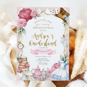 Invito Alice nel Paese delle Meraviglie, Invito MODIFICABILE Whimsical Mad Tea Party, Onederland Girl, Modello moderno rosa pastello del 1 compleanno, KP191 immagine 9