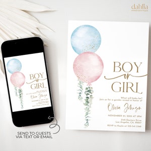 Blue and Pink Balloon Gender Reveal Invitation, EDITABLE Baby Boy or Girl Invite, Minimalist Eucalyptus, He or She, Watercolor Shower, GR041