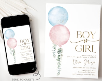 Blue and Pink Balloon Gender Reveal Invitation, EDITABLE Baby Boy or Girl Invite, Minimalist Eucalyptus, He or She, Watercolor Shower, GR041