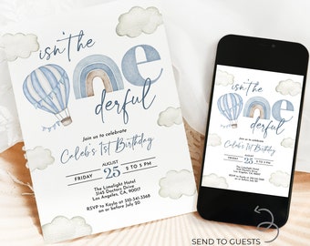 Puede incluir: Un globo aerostático azul y blanco con un arcoíris y el texto "Isn't the one derful" sobre un fondo blanco. El texto "Join us to celebrate Caleb's 1st Birthday" está debajo del globo. La fecha y hora del evento se indican como "Viernes, 25 de agosto, de 2 a 5 PM". La ubicación se indica como "The Limelight Hotel, 3145 Doctors Drive, Los Angeles, CA, 90017". La información de RSVP se indica como "RSVP a Kayla al 310-341-3368 el 20 de julio o antes".
