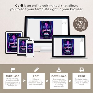 Puede incluir: Una maqueta digital que muestra c&oacute;mo usar Corjl, una herramienta de edici&oacute;n en l&iacute;nea, para personalizar una invitaci&oacute;n a una fiesta de karaoke. La invitaci&oacute;n presenta un micr&oacute;fono rosa ne&oacute;n sobre un fondo azul oscuro con el texto "Karaoke Party" y "Caroline's 10th Birthday".